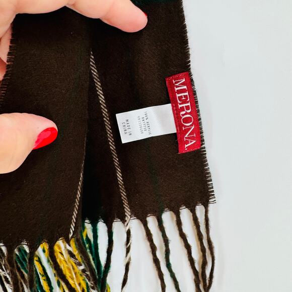 Merona Plaid Fringe Scarf Brown Green Yellow Tartan Size OS - Picture 4 of 6